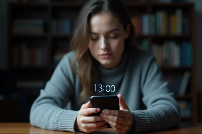 Femme tenant un smartphone affichant minuit en chiffres numériques dans une pièce sombre