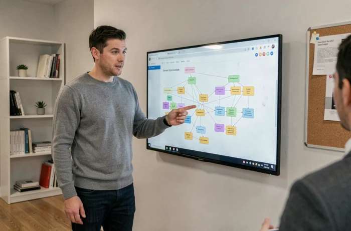 Stratège web présentant une architecture de site internet sur écran tactile dans une agence de communication digitale