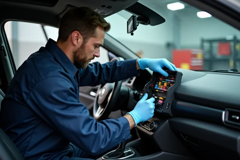 Technicien automobile ouvrant un boîtier BPGA de fusibles sous le tableau de bord d'un véhicule moderne dans un garage professionnel