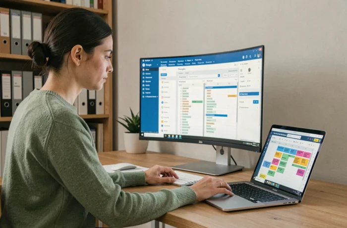 Femme télétravaillant sur un logiciel collaboratif de gestion de projet depuis son bureau à domicile
