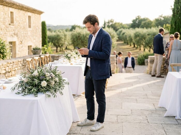Homme en tenue décontractée inadaptée à un mariage en plein air, avec blazer froissé et sneakers blanches
