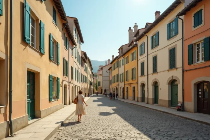 Place d'un village français avec des bâtiments aux facades repeintes dans des teintes conformes aux normes des Bâtiments de France